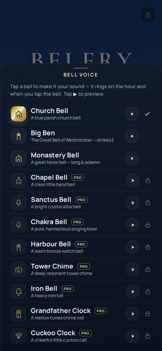Twenty bell voices to choose from in the BELFRY church bells app