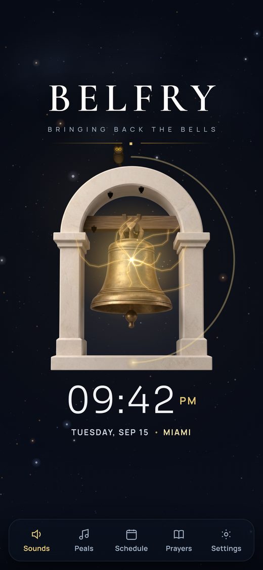 BELFRY home screen at night — a bronze bell in a stone belfry under real stars